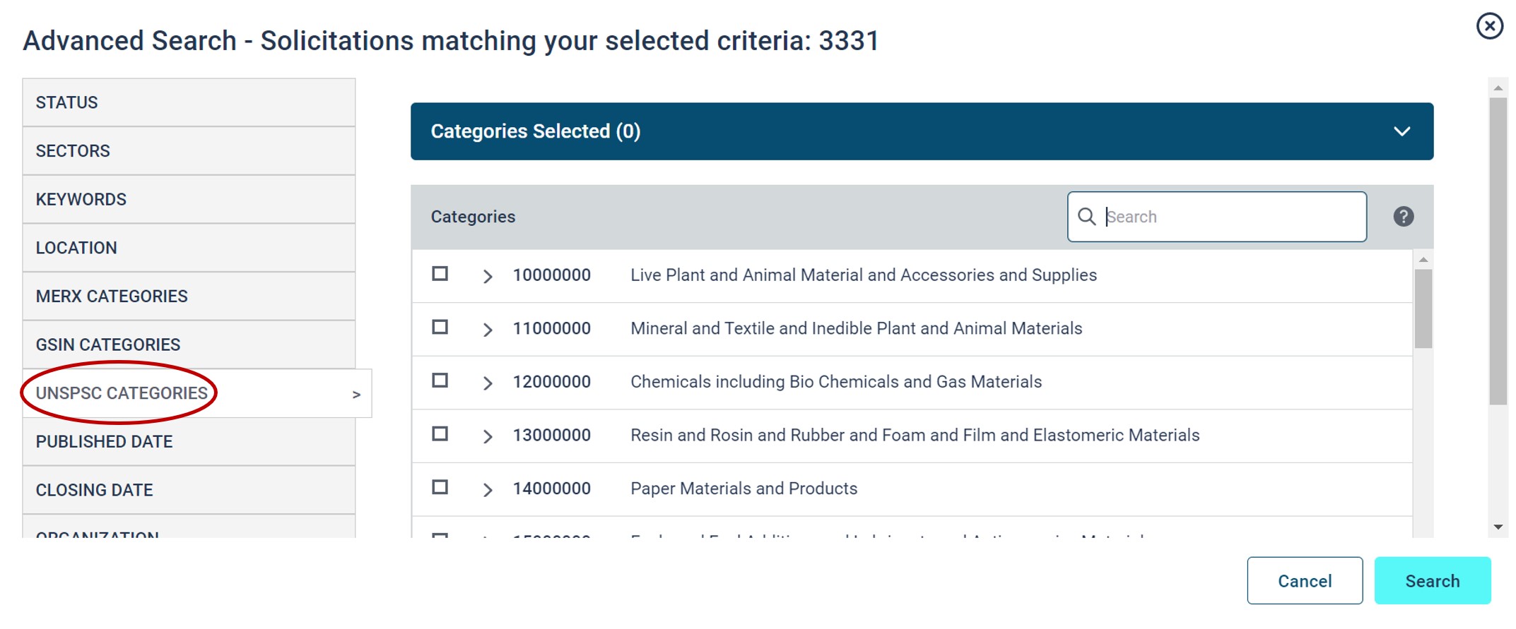 UNSPSC categories search screen
