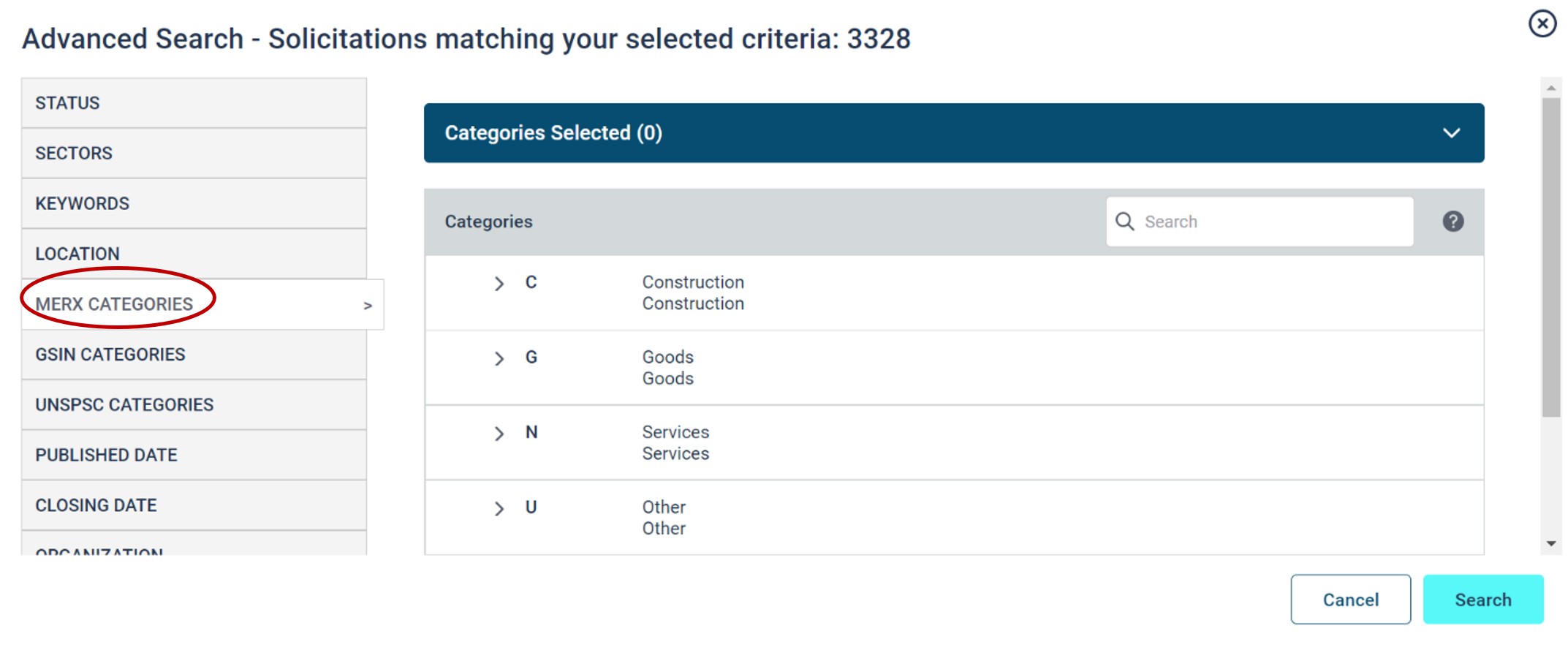 Merx category codes screen