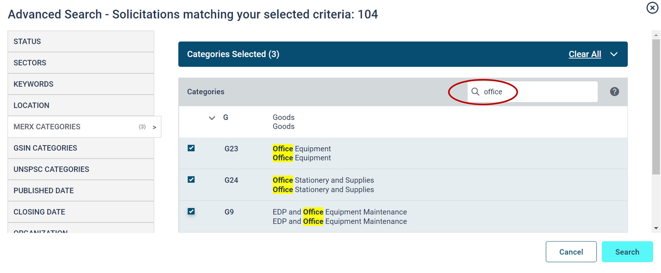 Example on how to search for merx category codes