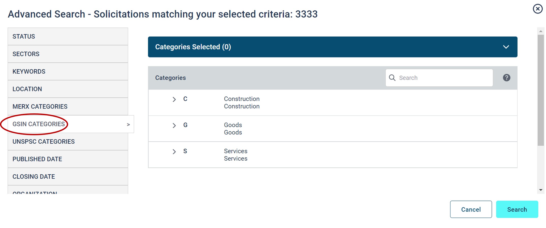 GSIN categories search screen